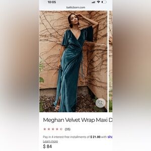 Baltic Born Meaghan Velvet Maxi Wrap Dress. Size Small. Persian Blue